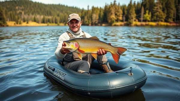 Angler float tube fishing in Wisconsin holding a fish on a lake