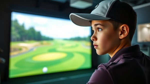 Golfer using indoor golf simulator for practice.