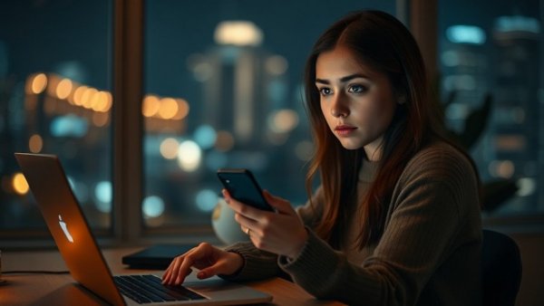 Young woman bored with phone at night, city lights in background