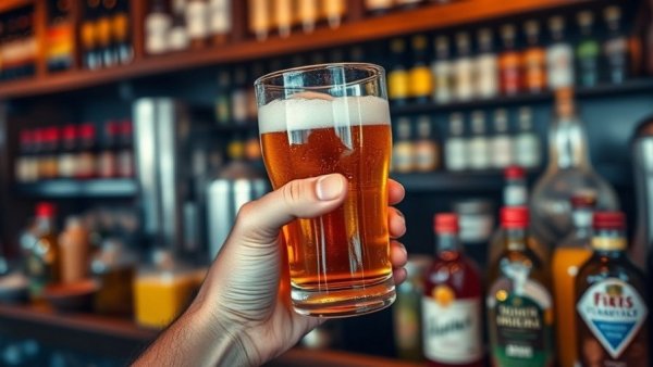Wisconsin travel: Hand holding beer in Baraboo bar setting.