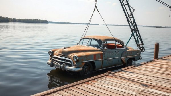 Wisconsin outdoor activities: Old car retrieved from lake by crane