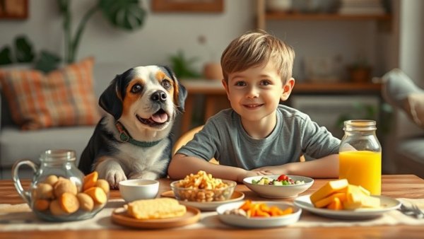 Young boy and dog sharing healthy snacks, Wisconsin health and wellness.