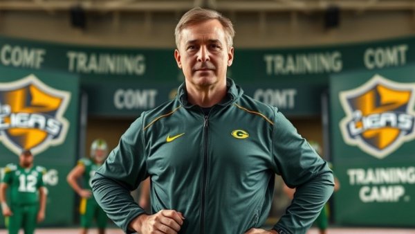 Green Bay Packers training camp with coach at podium
