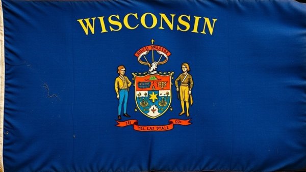 Wisconsin state flag with coat of arms on blue background