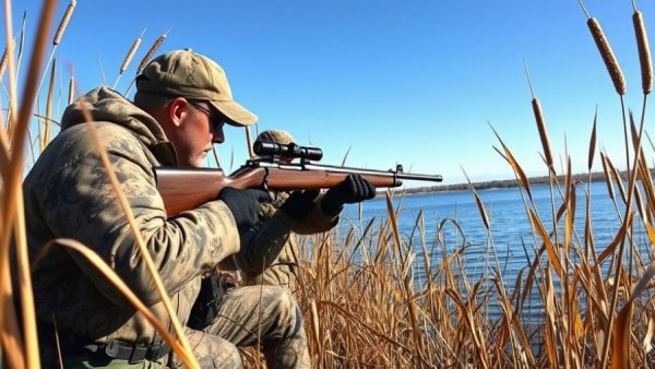 Hunting waterfowl in South Dakota reeds under clear sky.