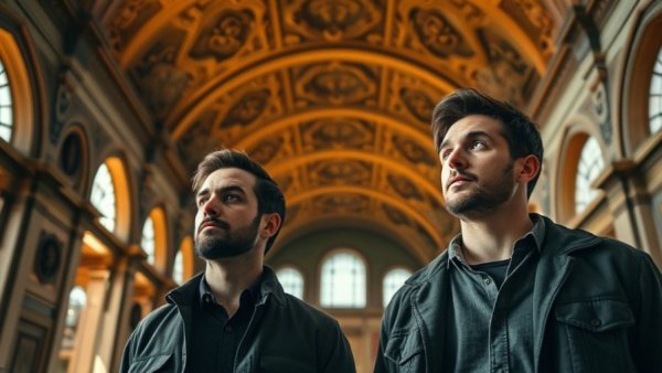 Two men in historic Wisconsin building, contemplative atmosphere