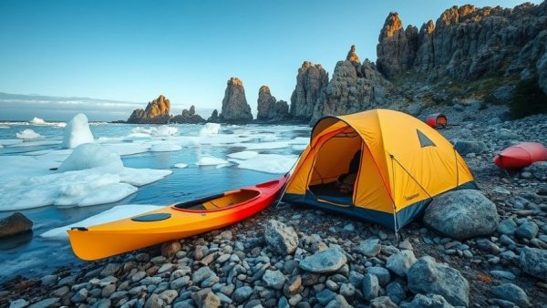 Tent and kayak beside icy Lake Superior for kayaking.