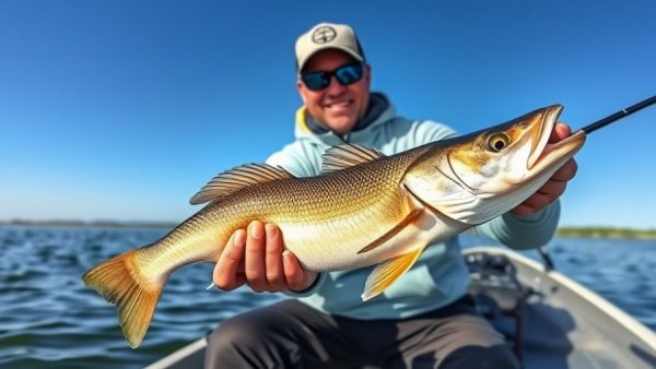 Fisherman showcasing catch at Wisconsin fishing spots.