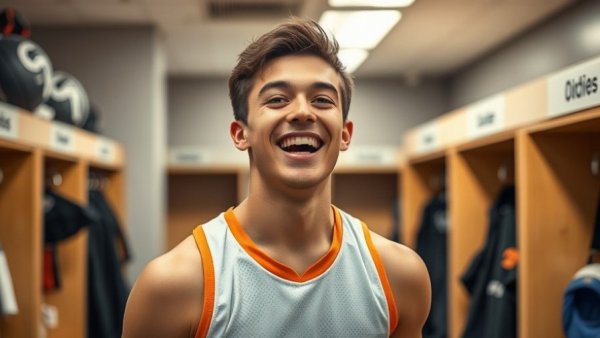Wisconsin outdoor recreation athlete smiling in locker room.
