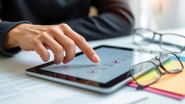 Close-up of hand taking online ADHD test on tablet.