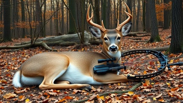 White-tailed deer with crossbow during Wisconsin hunting seasons