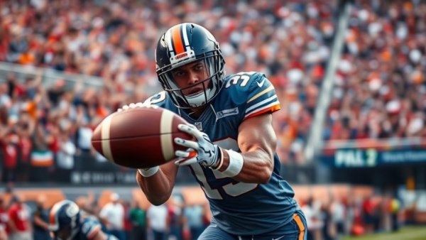 Wisconsin outdoor recreation, athlete catching football in stadium.