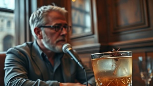 Man discussing Wisconsin Bourbon in a cozy studio with cocktail.