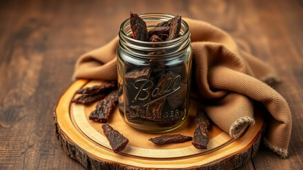 Ground venison jerky in a mason jar on a wooden board.