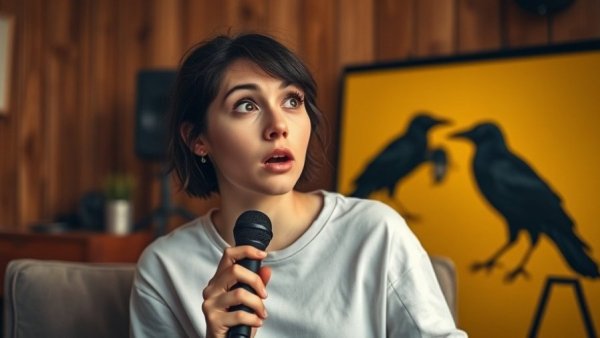 Surprised woman in studio with crow image.