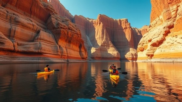 Kayakers exploring sandstone cliffs, Wisconsin outdoor adventure.