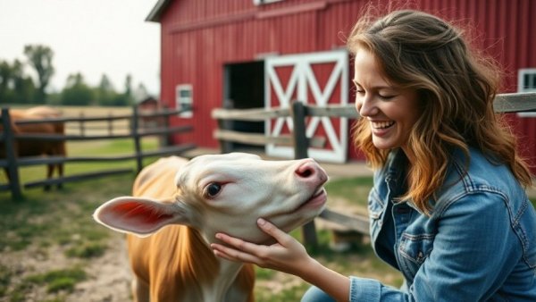 Wisconsin travel experience with a joyful woman feeding a calf.
