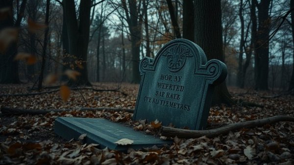 Eerie gravestone in a Wisconsin haunted forest scene