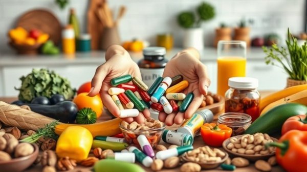 Wisconsin family wellness with vitamins and healthy foods on kitchen counter.