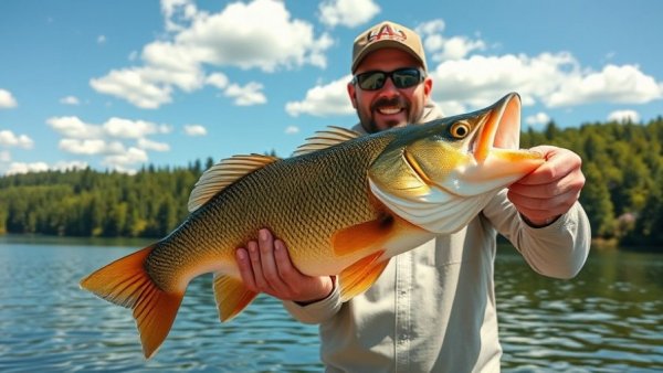 Wisconsin fishing spots; angler with large fish on scenic lake