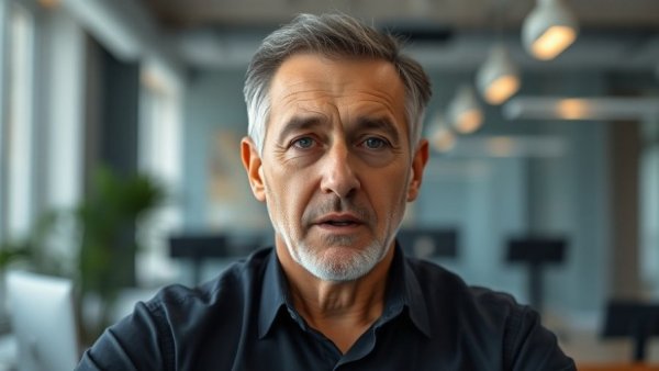 Mid-aged man discussing on video call with serious expression