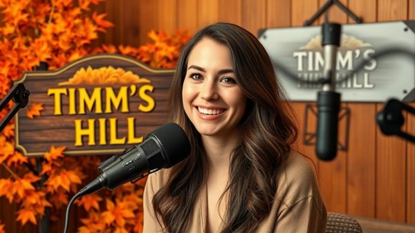 Podcast setup with Wisconsin fall colors backdrop