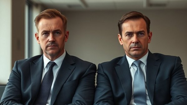 Two men in suits sitting indoors, serious expressions.