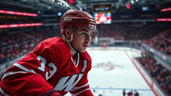 Wisconsin Badgers hockey player in action, focused during game