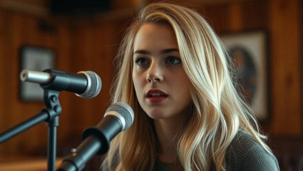 Young woman speaking into a microphone in a cozy indoor setting, Wisconsin travel discussion.