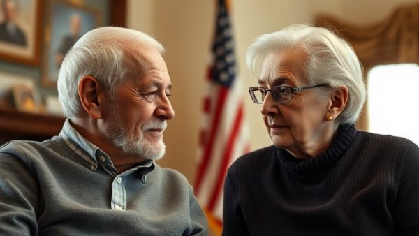 Elderly man and woman discussing, influence in Wisconsin, indoors.