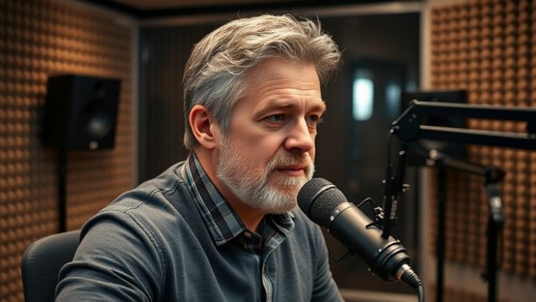 Professional man in a podcast studio discussing topics.