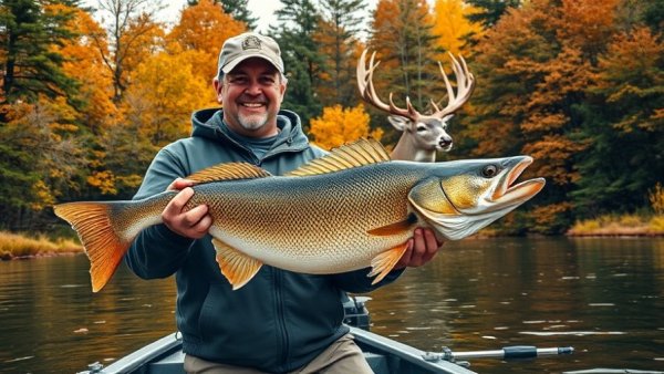 Wisconsin outdoor activities: fishing and wildlife in autumn scenery.