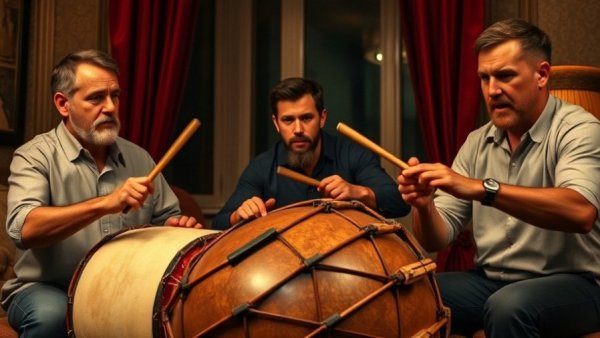 Three men drumming indoors, depicting Wisconsin family activities