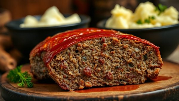 Slice of venison meatloaf with glossy glaze in a kitchen.