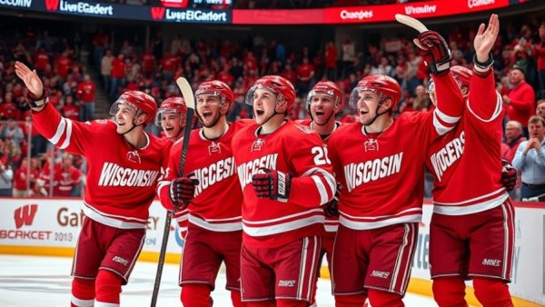 Wisconsin Badgers hockey players celebrating with fans in the arena.