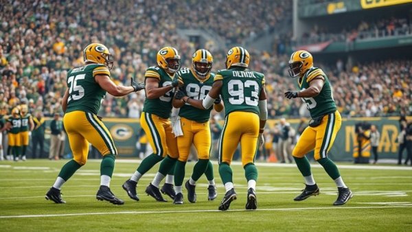 Green Bay Packers defense players celebrating on field with stadium backdrop