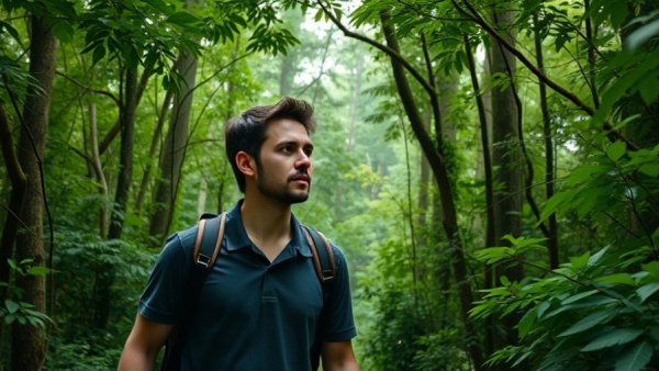 Man exploring lush forest in Wisconsin travel scene.