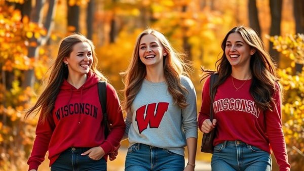 Wisconsin shopping scene with young women walking on a forest bridge.