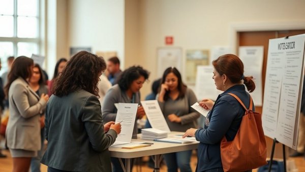 Voter registration booth in Wisconsin with informational sign and materials.