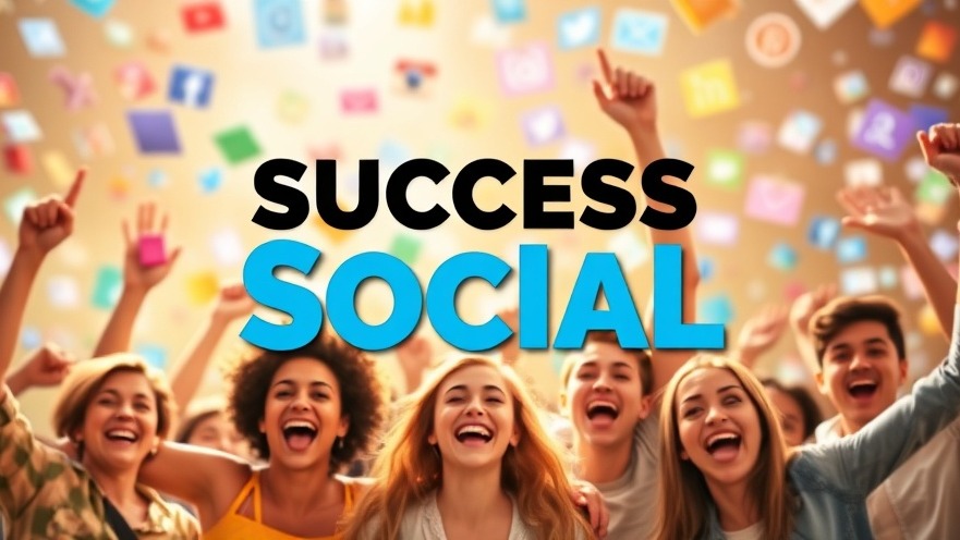 Diverse group celebrating success in social media marketing with vibrant icons.