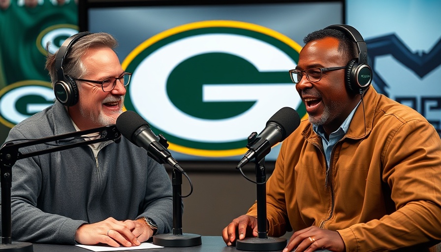 Radio hosts discuss in studio with Green Bay Packers backdrop.
