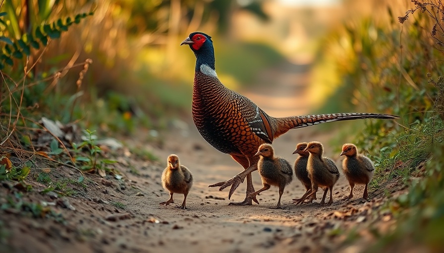 Pheasant hen and chicks in natural habitat, USDA CRP sign-up program.