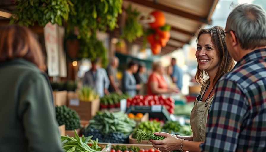 Vendor at Wisconsin farmers market smiling near fresh produce, outdoors.