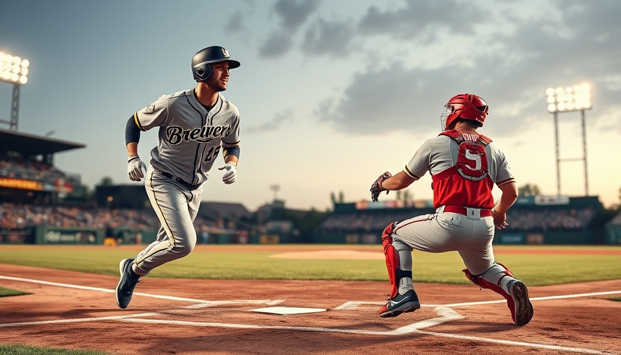 Milwaukee Brewers player scores at game, catcher in action.
