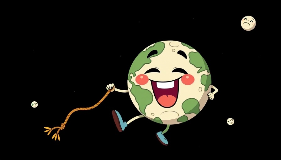 Humorous cartoon Earth pulling Moon with rope, dynamic scene.