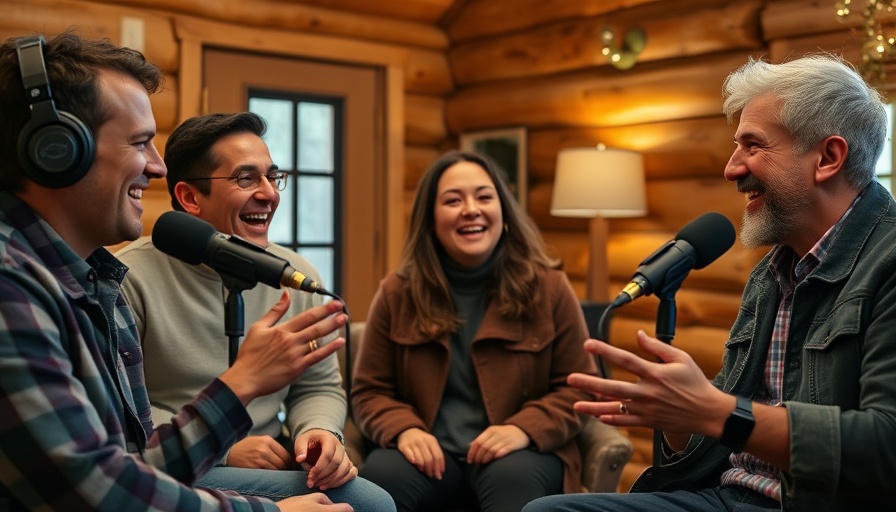 People enjoying a podcast in a cozy cabin setting, Wisconsin travel
