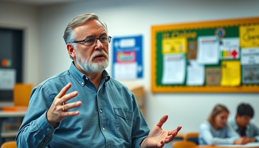 Middle-aged man giving a talk in a classroom with educational resources.