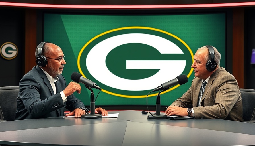 Radio hosts discussing Green Bay Packers schedule with team logo backdrop.
