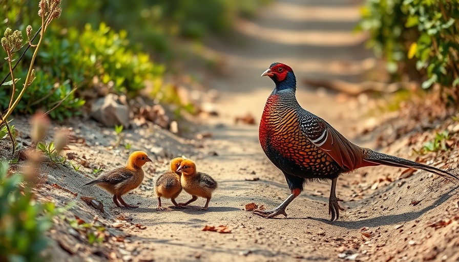 Pheasant family walking along a dirt path in Wisconsin, capturing serene nature in gentle sunlight.