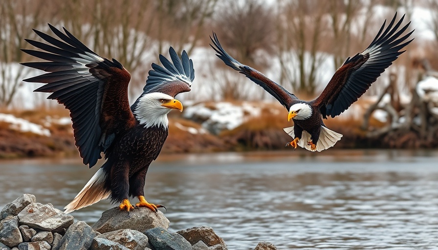Eagles in flight and perched by lake, Wisconsin outdoor activities.